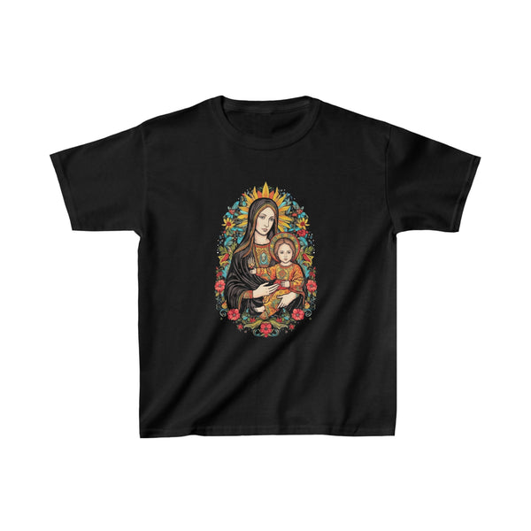 St. Mary & Jesus Christ Floral Design - Kids Black T-Shirt
