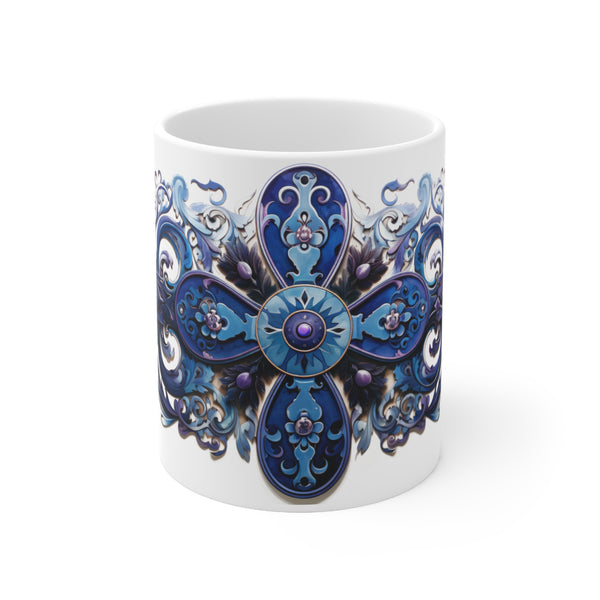 3D Floral Violet Cross on White Background - White Ceramic Mug 11oz - 325 ml