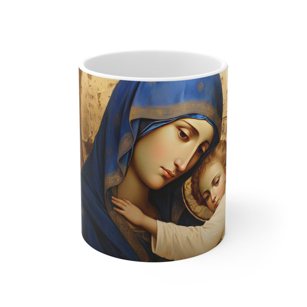 St. Mary & Baby Jesus Christ Orthodox Art on Sophisticated Background - White Ceramic Mug 11oz - 325 ml