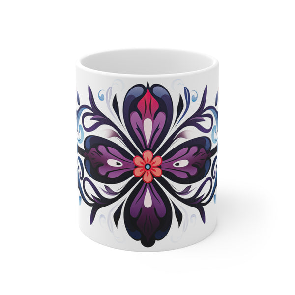 Floral Violet Cross on White Background - White Ceramic Mug 11oz - 325 ml