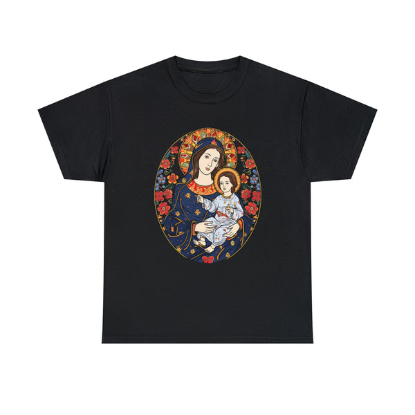 Anime Style Christian Saint Mary With Jesus Christ As A Kid - Black Unisex T-Shirt