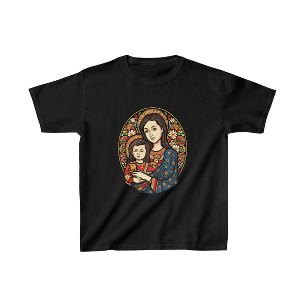 Colourful Saint Mary With Jesus Christ As A Kid - Kids Black T-Shirt