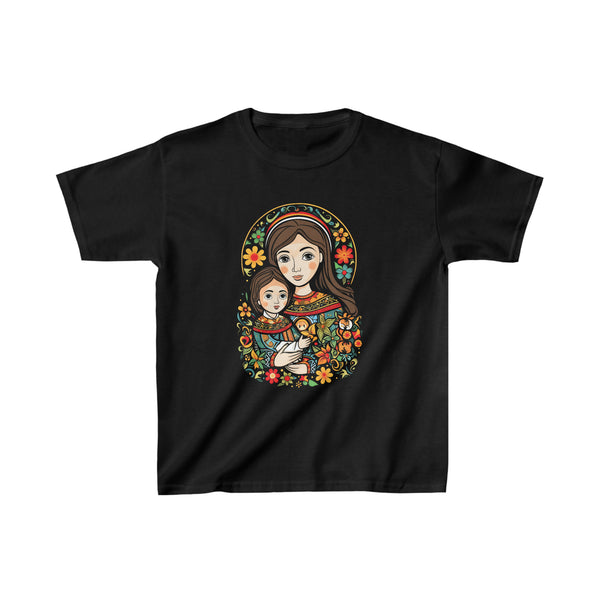 Cartoon Style St. Mary With Jesus Christ - Kids Black T-Shirt