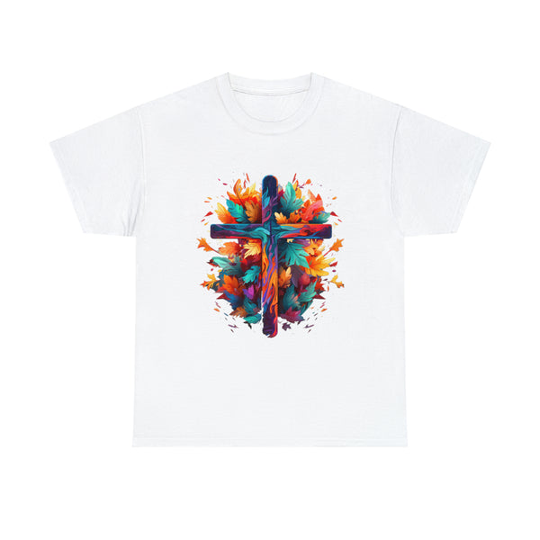 Colourful Cross with  Leaves - Cheerful Design - Christian Unisex Black T-Shirt