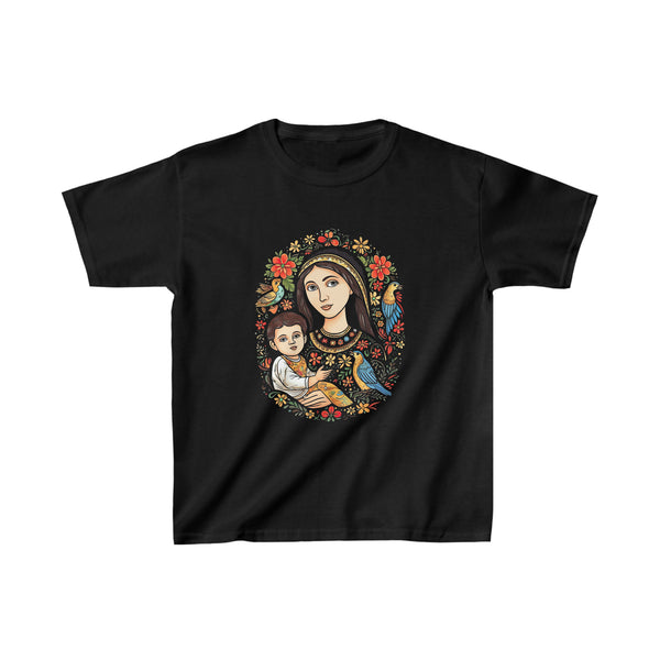 St. Mary With Jesus Christ and a Bird - Kids Black T-Shirt