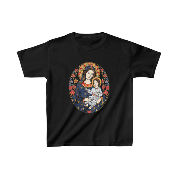 Anime Style Christian Saint Mary With Jesus Christ As A Kid - Kids Black T-Shirt