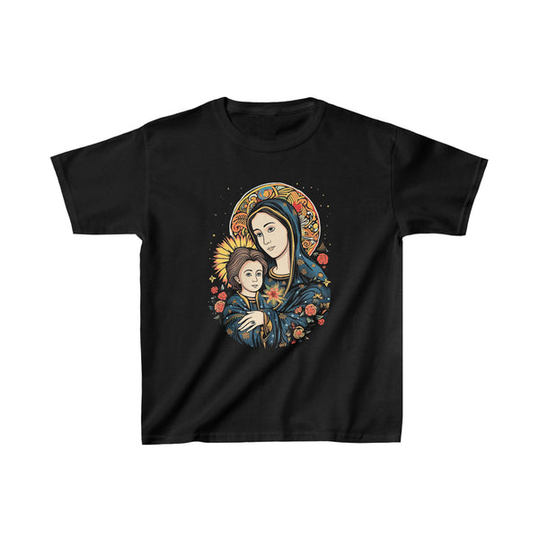 Christian Saint Mary With Jesus Christ As A Kid - Kids Black T-Shirt