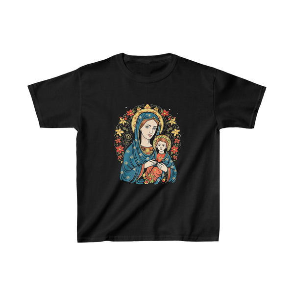Anime Style St. Mary With Jesus Christ As A Kid - Kids Black T-Shirt