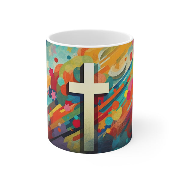 White Cross on a colourful Background - White Ceramic Mug 11oz - 325 ml
