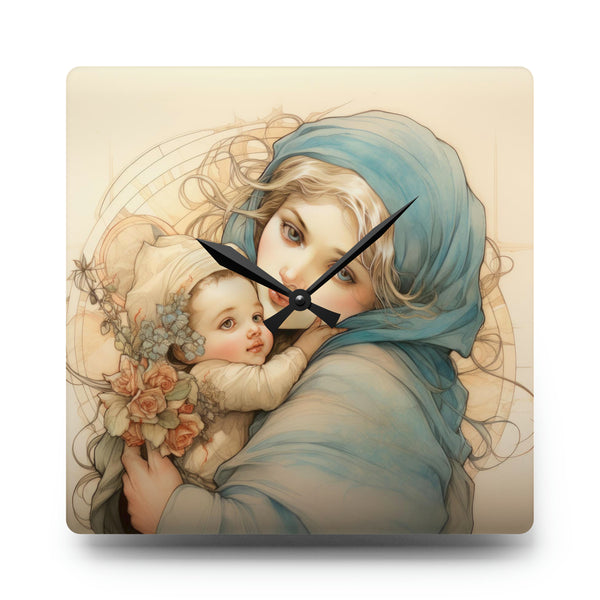 Cute St. Mary & Baby Jesus Christ - Coloured Pencil Style - Acrylic Wall Clock - 3 Sizes