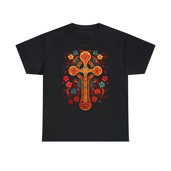 A Celtic Knot Decorative Cross With Colorful Floral Patterns - Unisex Christian Tshirt