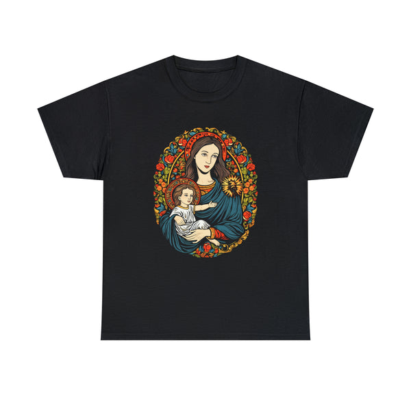 Baby Jesus & St. Mary Floral Frame - Black Unisex T-Shirt
