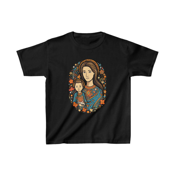 Saint Mary With Jesus Christ As A Kid - Kids Black T-Shirt