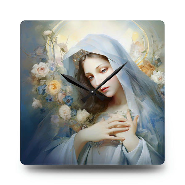 Angelic St. Mary with flowers - Coloured Pencil Style Acrylic Wall Clock - 3 Sizes