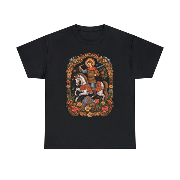 Saint George - Floral Decorative Christian Unisex Black T-Shirt