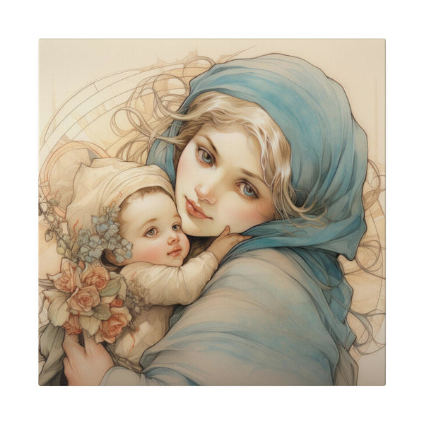 Cute St. Mary & Baby Jesus Christ - Coloured Pencil Style Wall Art - Matte Canvas - 7 Sizes