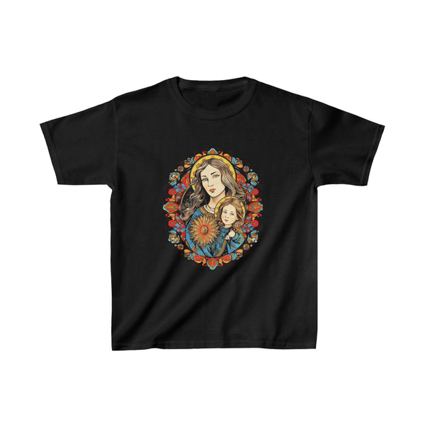 St. Mary With Jesus Christ As A Kid - Bright Design - Kids Black T-Shirt