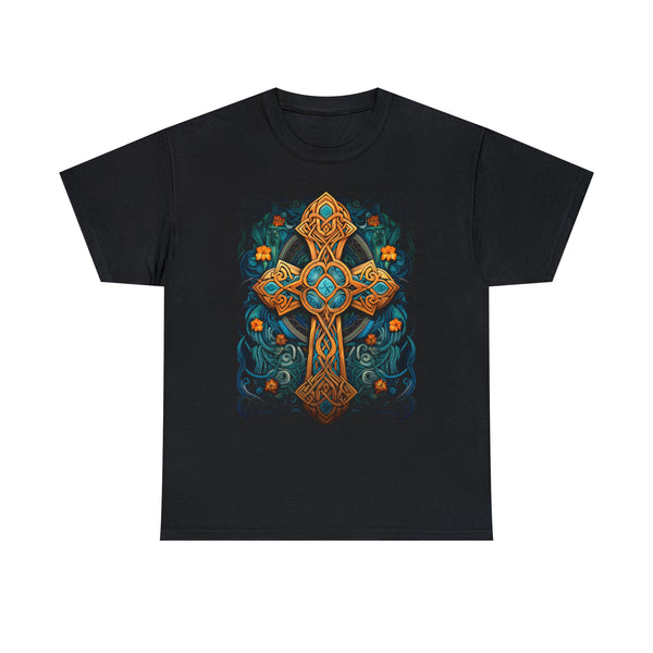 Celtic Knot Decorative Cross With Colorful Floral Patterns - Unisex Christian Tshirt