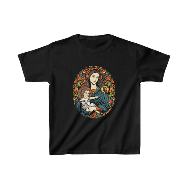 Baby Jesus & St. Mary Floral Frame - Kids Black T-Shirt