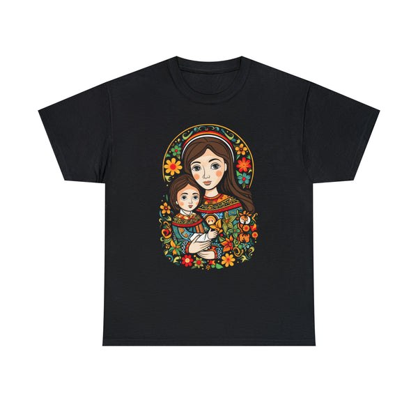 Cartoon Style St. Mary With Jesus Christ - Black Unisex T-Shirt