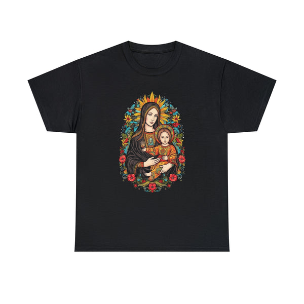 St. Mary & Jesus Christ Floral Design - Black Unisex T-Shirt