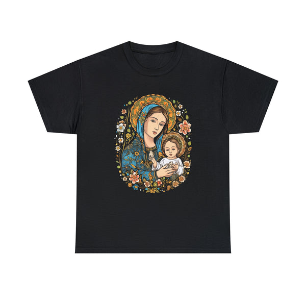 Saint Mary With Baby Jesus Christ - Black Unisex T-Shirt