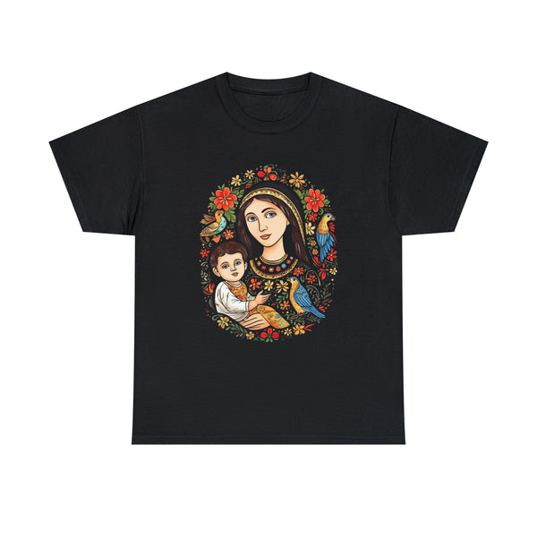 St. Mary With Jesus Christ and a Bird - Black Unisex T-Shirt